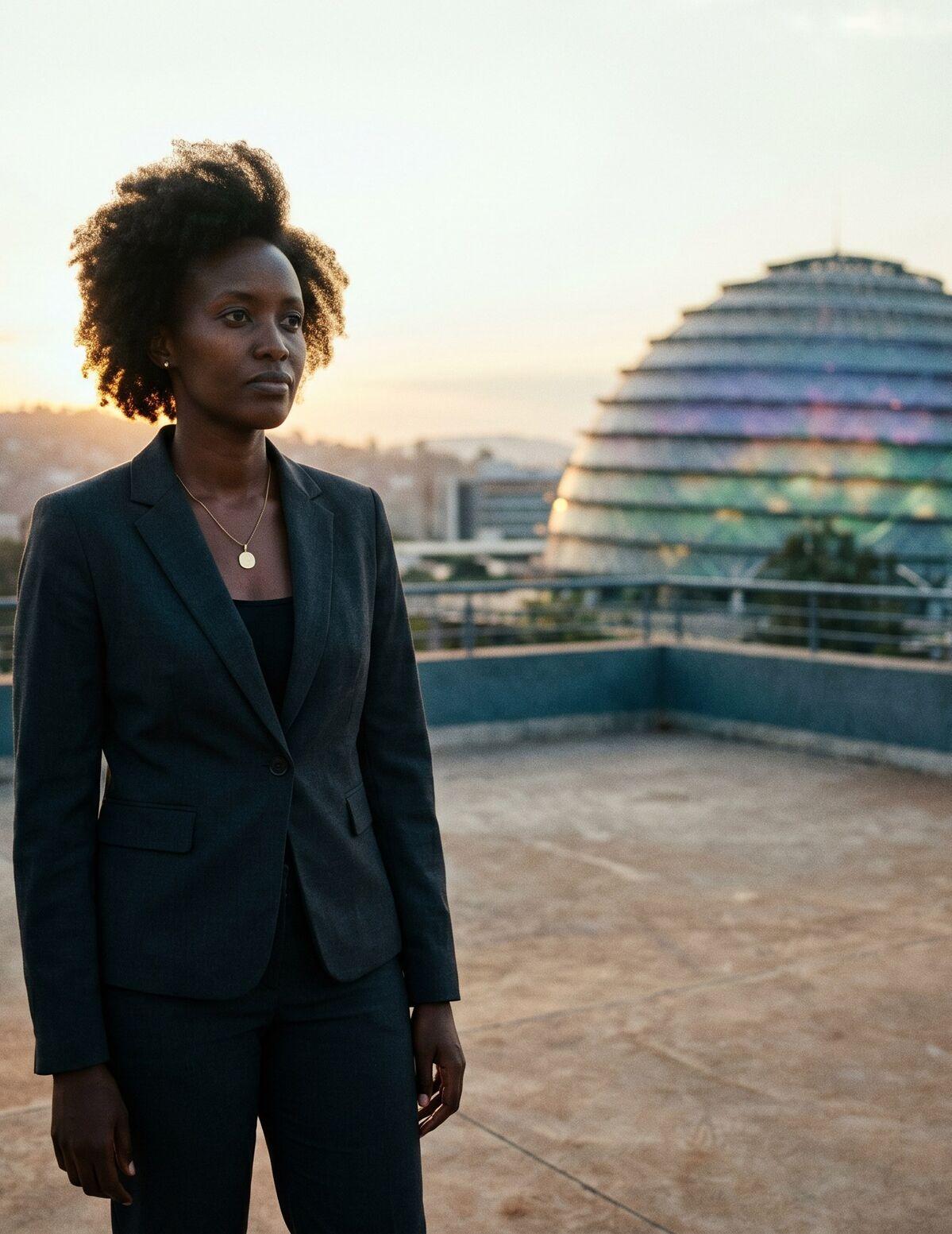 Banker on a Kigali rooftop at golden hour, Kigali Convention Centre behind.