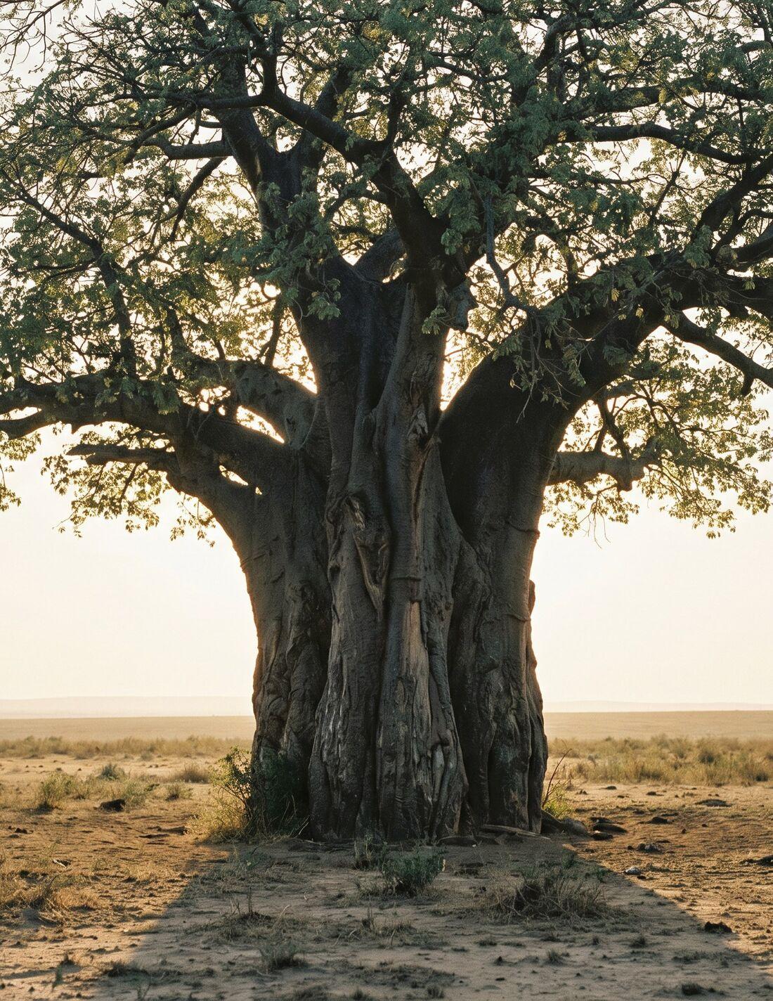 A single baobab tree on dry plain at dusk — the brand's quiet landscape plate.