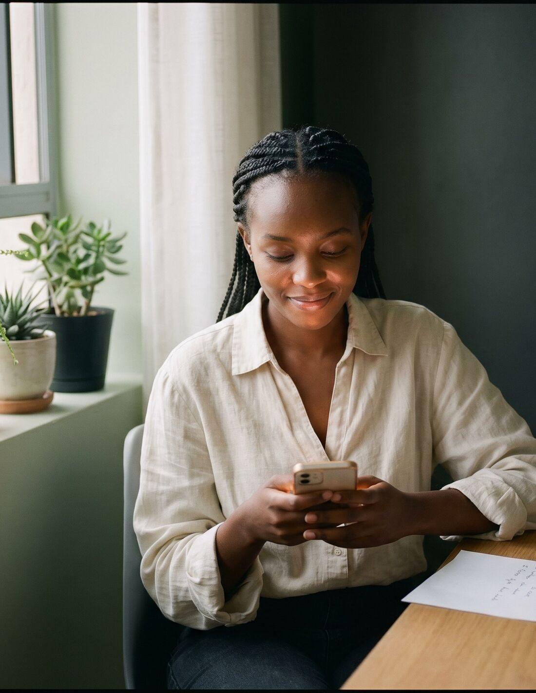 Customer at a window seat with houseplants, reviewing something on a phone.