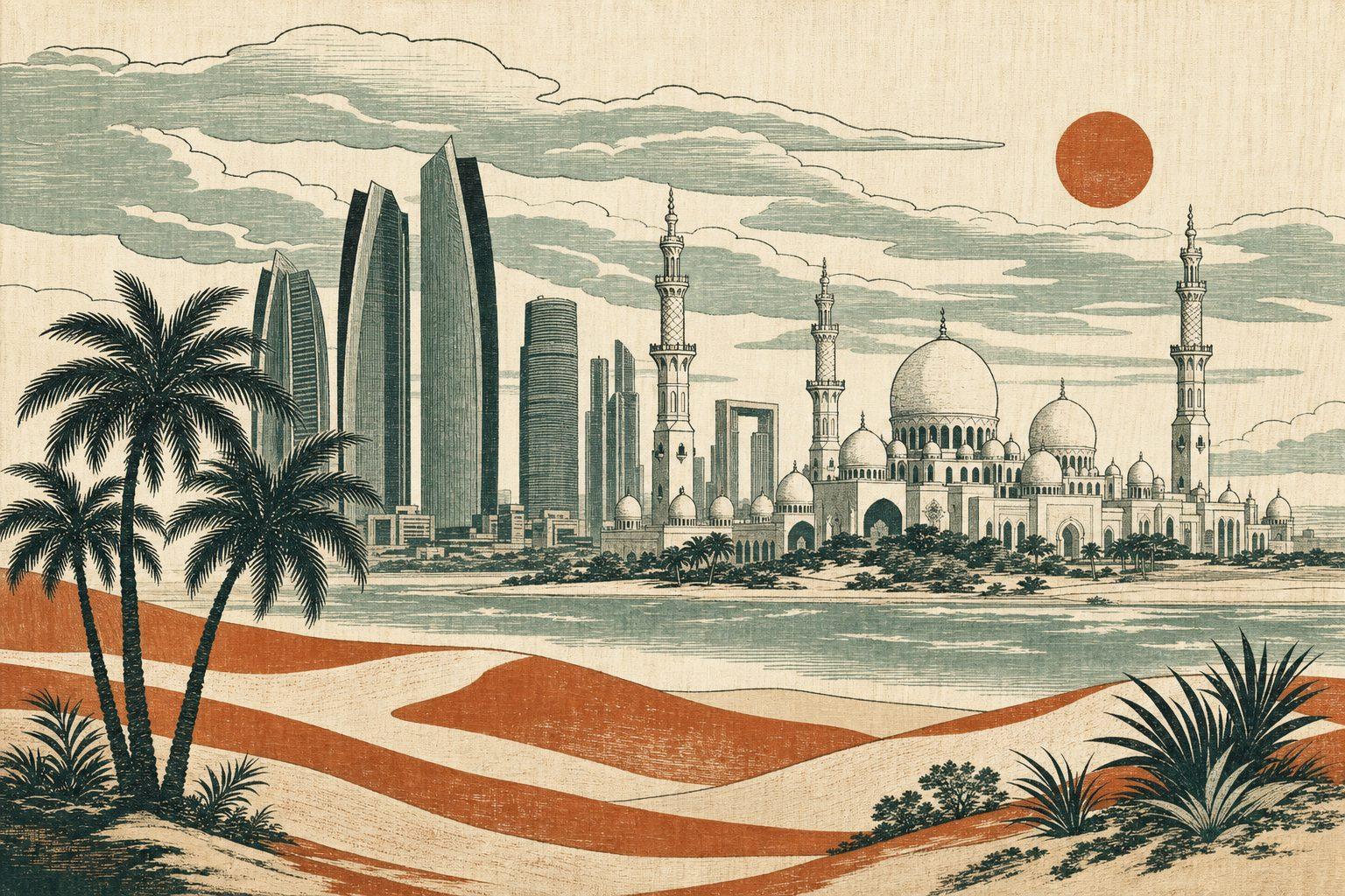 Abu Dhabi skyline rendered as a ukiyo-e woodblock print.