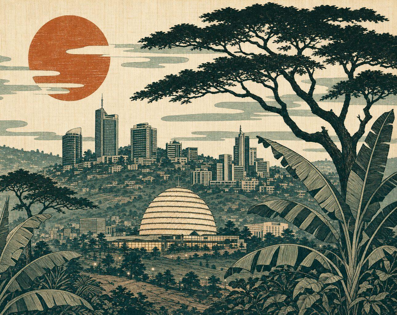 The Kigali skyline at dawn — hillside towers and the convention dome above the trees, the home of the rail — rendered as a ukiyo-e woodblock print.