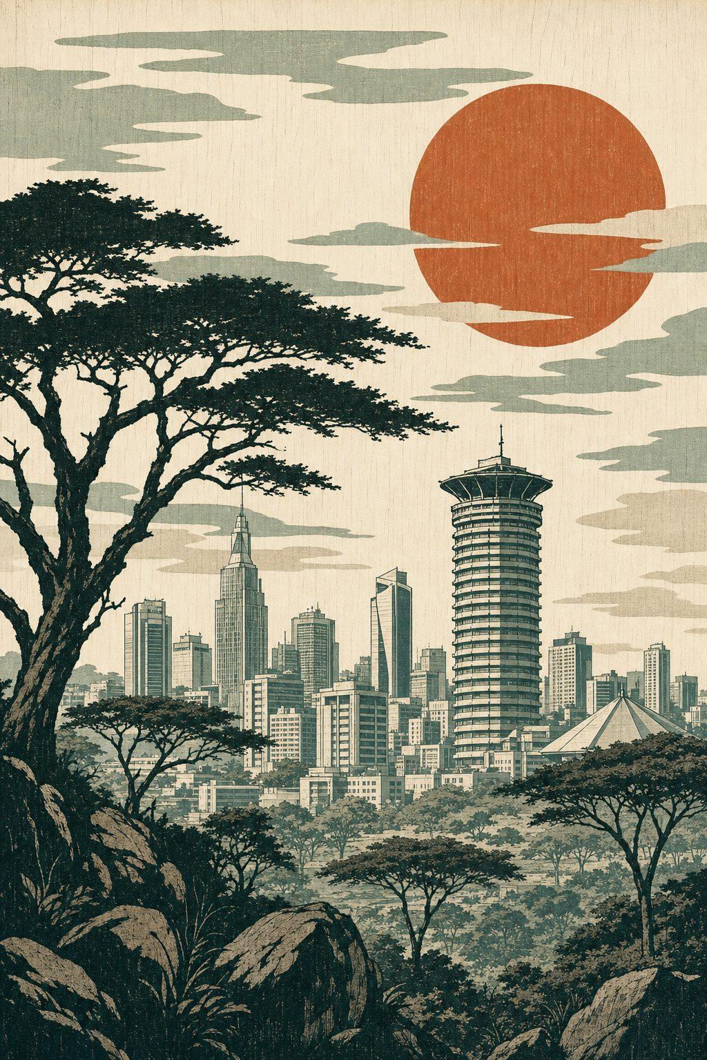 Nairobi skyline rendered as a ukiyo-e woodblock print.