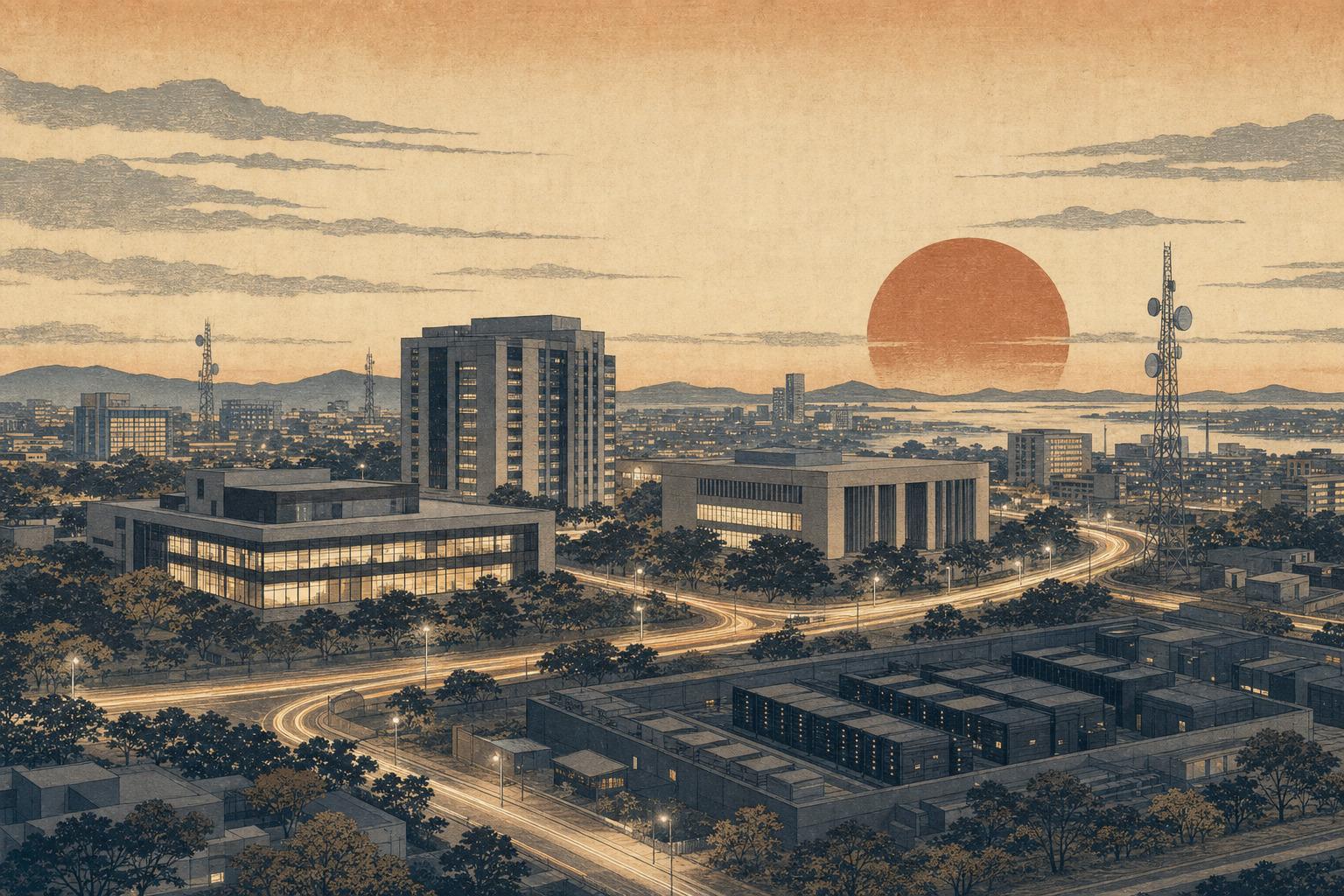 A calm institutional African cityscape with offices, bank buildings, telecom towers, data-center blocks, and settlement paths at dawn, rendered as a woodblock-inspired print.