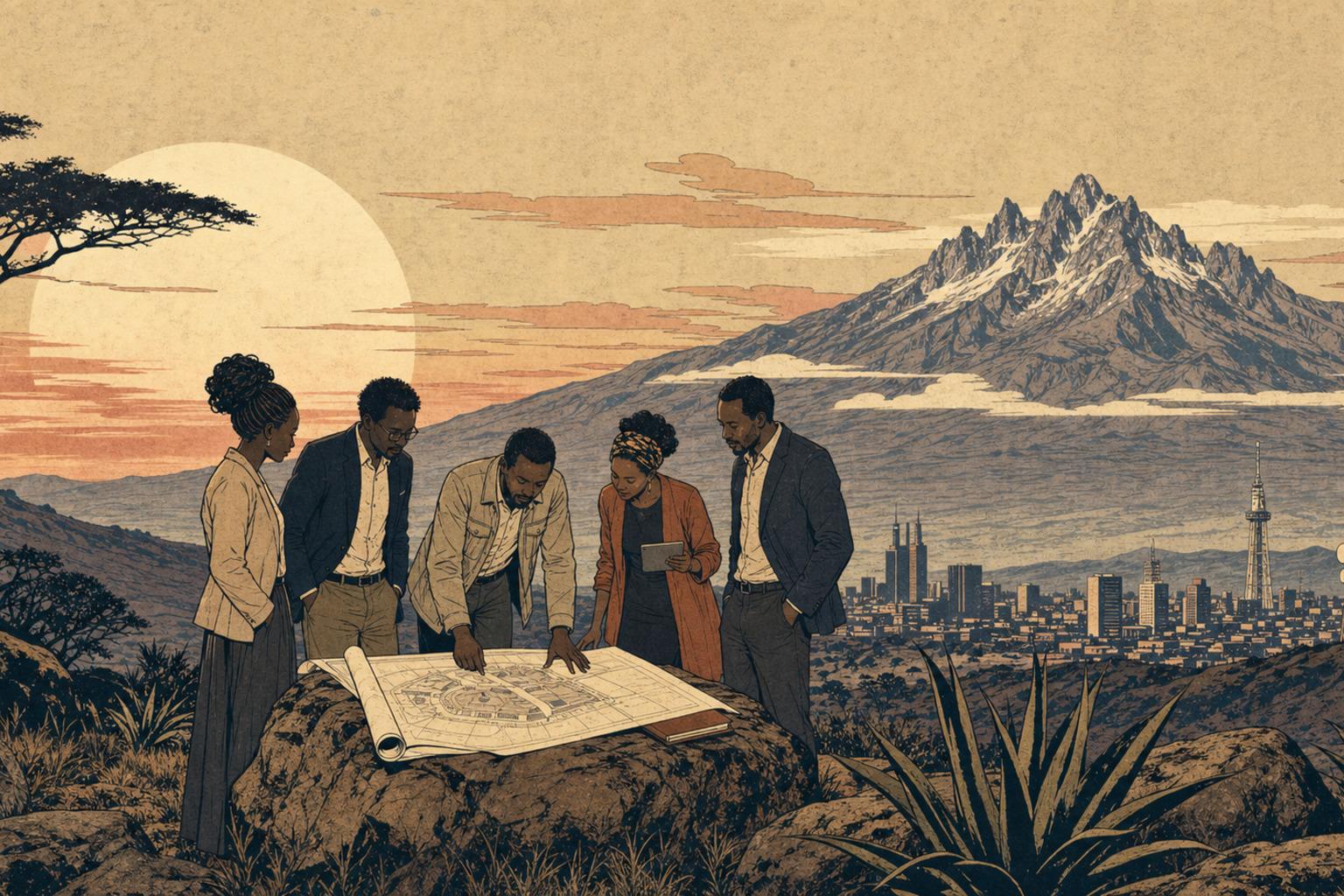 Contemporary African founders and operators review infrastructure plans in the East African highlands with Mount Kenya and a city skyline beyond, rendered as a woodblock-inspired print.
