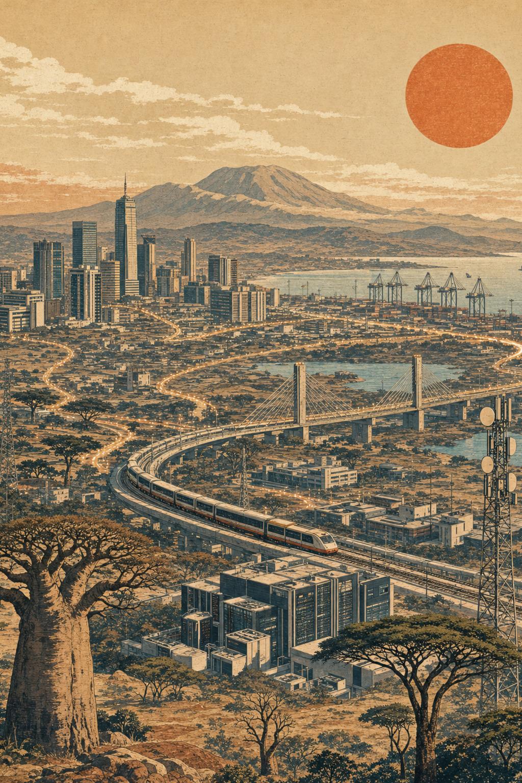 A broad Pan-African settlement infrastructure landscape — skyline, port, bridge, rail, telecom towers, data centers, and settlement paths beneath a dawn sun — rendered as a woodblock-inspired print.