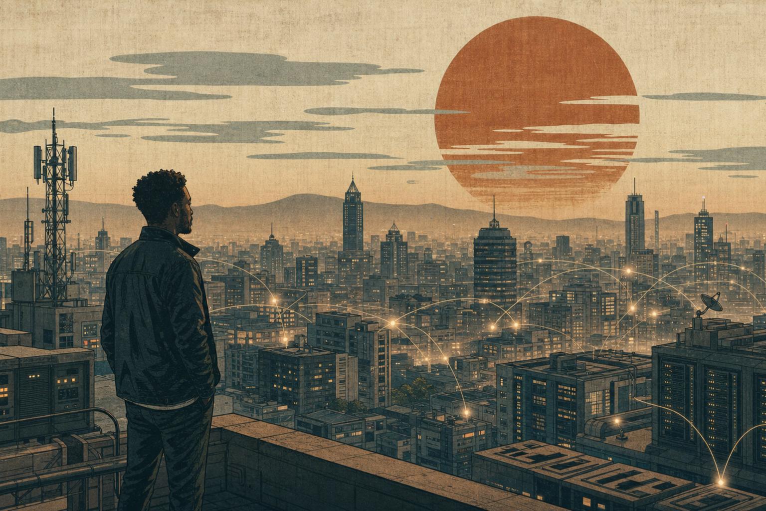 A contemporary African compliance lead stands calmly above an East African capital skyline, telecom towers, data centers, and settlement paths at dawn — a woodblock-inspired print.
