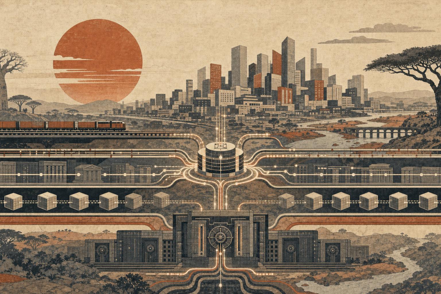 Many ledger streams, bank-core lines, blockchain blocks, and settlement rails converge into one source-of-truth hub in an African cityscape, rendered as a woodblock-inspired print.